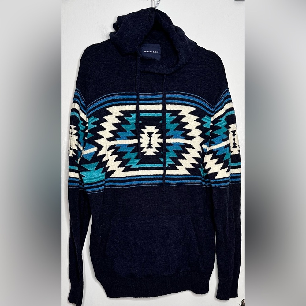 Navy Blue Aztec Pattern sweater with hood.  Men’s size Large